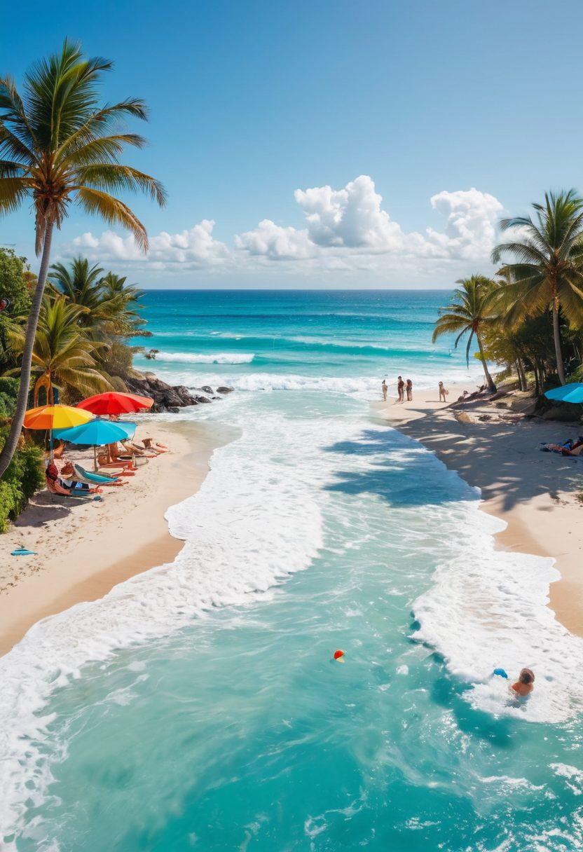 A sun-soaked beach scene featuring diverse individuals of all body types confidently wearing colorful bikinis. They are joyfully engaging in summer activities like playing beach volleyball and lounging on towels, surrounded by vibrant beach umbrellas and palm trees. The sky is bright blue with fluffy white clouds, evoking a cheerful summer vibe. A background of crashing waves adds energy to the scene. super-realistic. vibrant colors. beach aesthetic.
